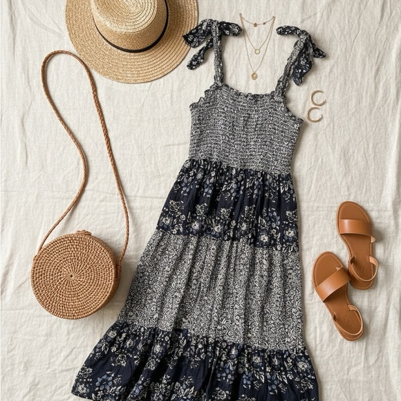 king road Dresses & Skirts - ** boho 🌼 Kings Road Navy Blue Floral Smocked Tiered Midi Dress | Size S**